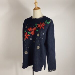 90s Embroidered Poinsettia Beaded Christmas Holiday Sweater Black Womens Medium